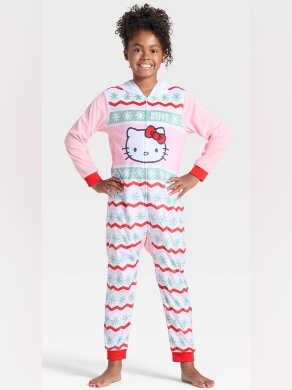 Hello Kitty Pink, Red & Mint Hooded Kids One-Piece Pajama Set